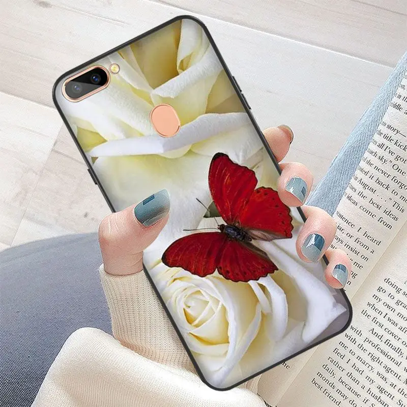 Red butterfly on white roses flower