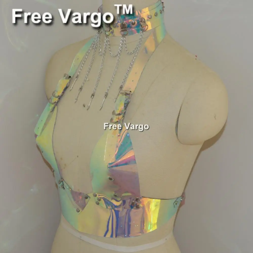

Holographic PU Burning Man Body Harness Bra Rave Body Chain Crop Top Costumes Music Festival Singer Dancer Outfits Clothes