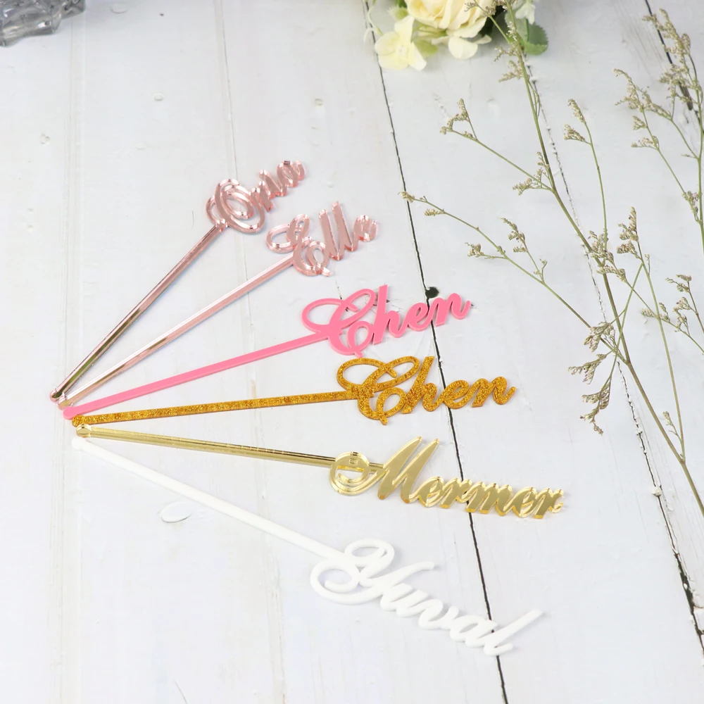 Personalized swizzle sticks last name  table centerpiece Birthday Bridal shower Custom Mirror Gold Drink stirrers stir stick wedding Party Decor