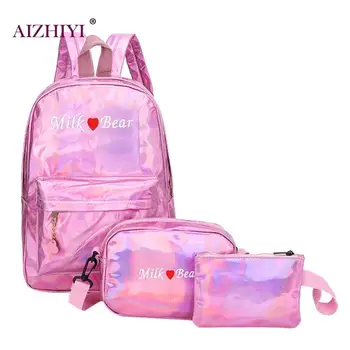 

3pcs/Set Street Unisex Laser PU Leather Backpack Female Casual Large Shoulder Schoolbag Clutch Crossbody Bag For Boys and Girls