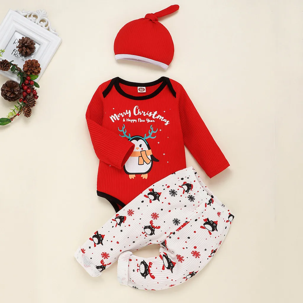Newborn Clothing Set Infant Baby Girl Boy Christmas Romper Tops Cartoon Pants Hat Outfits Autumn Winter Warm Costume C850# | Детская