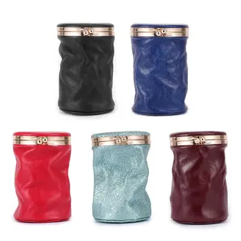 

Women Small Makeup Cosmetic Bag with Mirror Vintage Cylinder Mini Lipstick Case Genuine Leather Foldable