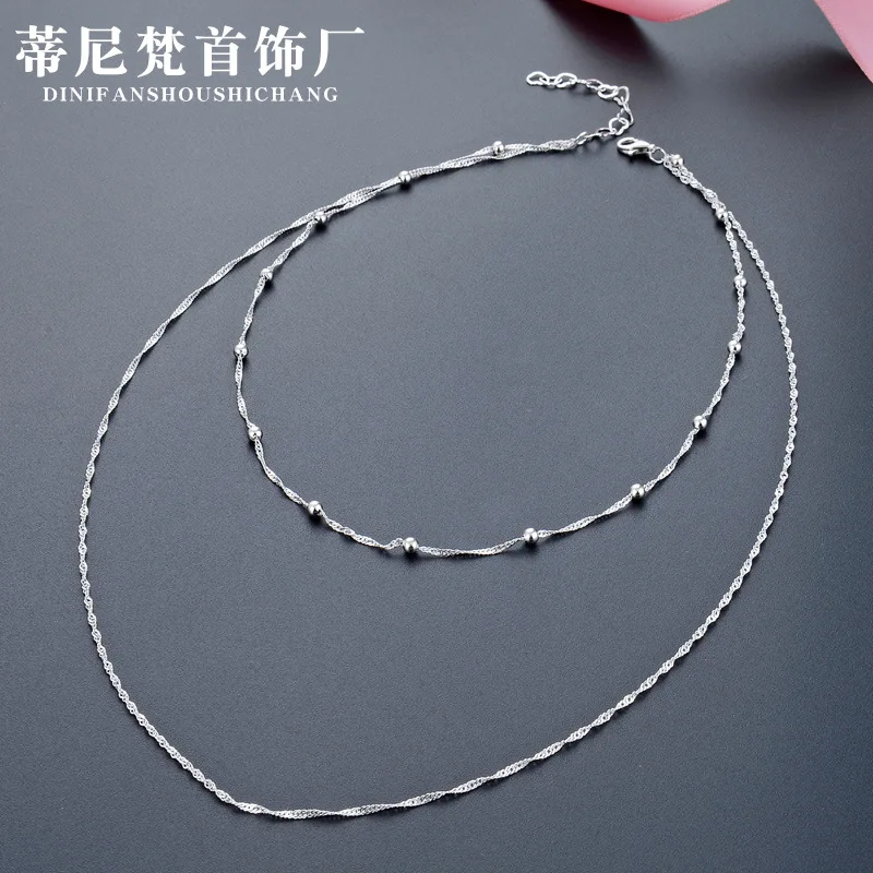 

Korean-style Fashion Jewelry S925 Fine Silver Simple Water Wave Bag Beads Double Layer Necklace Choker Sweater Chain Women's