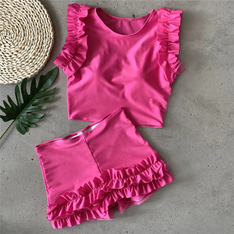 Peachtan гофрированный Купальник для женщин купальный комплект бикини с высокой талией mujer винтажный купальник женский Одноцветный купальный костюм розовый бикини - Цвет: X19SW2484-2