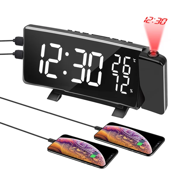 Reloj de Radio FM con proyección de tiempo en tres colores, pantalla curva Digital LED giratoria de 180 grados, termómetro, higrómetro, despertador 6