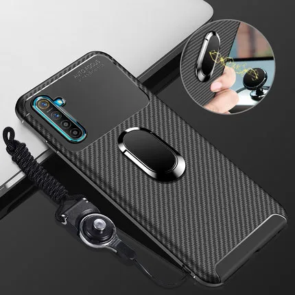 Чехол для OPPO Realme 6 Pro мягкий силиконовый чехол из углеродного волокна с кольцом