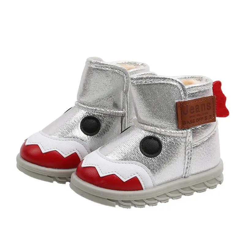 Autumn Winter Children's Boots For Boys Girls Waterproof Rubber Plush Snow Boots Leather Cartoon Monster Toddler Girl Shoes - Цвет: Silver