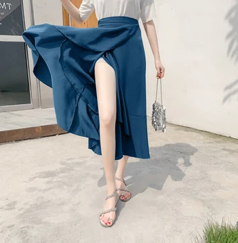 

High Split Midi Long Skirts Solid Color Women High Waist Skirt Bow Tie Summer Sexy Split Wrap Skirt Ladies Black Beach Jurken