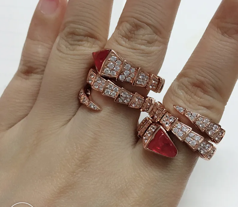 

Red stone snake ring S925 silver rose gold three layer adjust size party ring snake head fashion brand jewelry