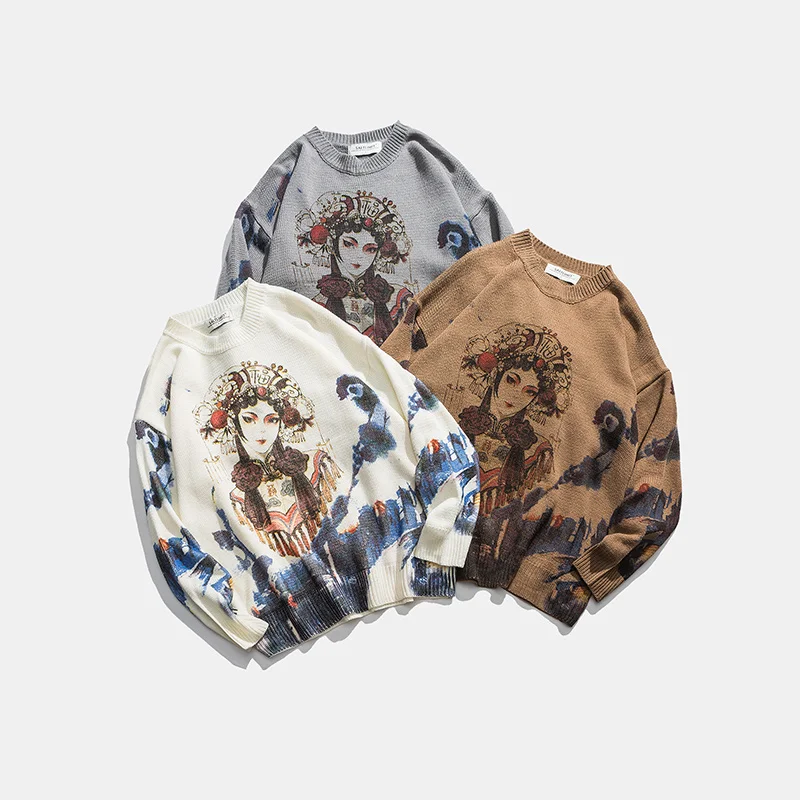 ZAZOMDE Casual Men Sweater O neck Beijing Opera Pattern Pullovers  Knittwear Autumn Sweaters Mens Loose Pullovers Men