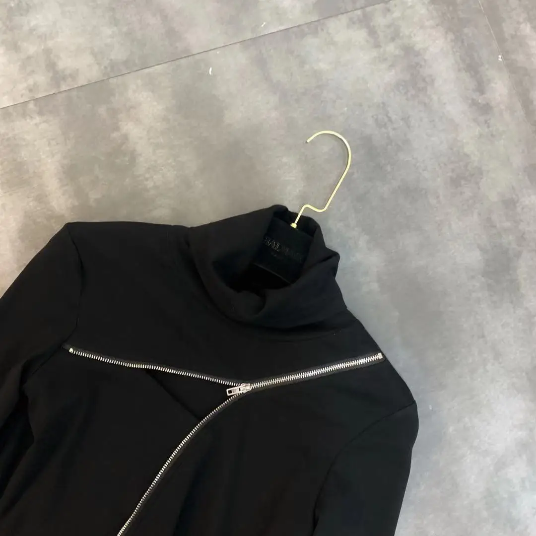 New Winter T Shirt Long Sleeve High-necked Long-sleeved Zipper Decoration Shirt Female Backing Hollow Chest
