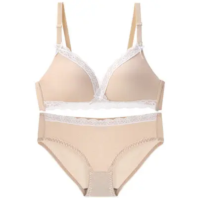 Beige With Panties Бесшовные бюстгальтеры для женщин, маленькие груди, пуш-ап, сексуальный кружевной бюстгальтер, комплекты нижнего белья, бюстгальтер и трусики, набор, беспроводное зеленое нижнее белье, бюстгальтер - Цвет: Beige With Panties