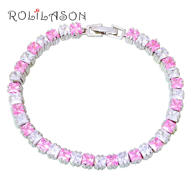 Rolilason Мода Шарм Браслеты для Для женщин красивый розовый циркон серебро Модные украшения для Для женщин TBS1082