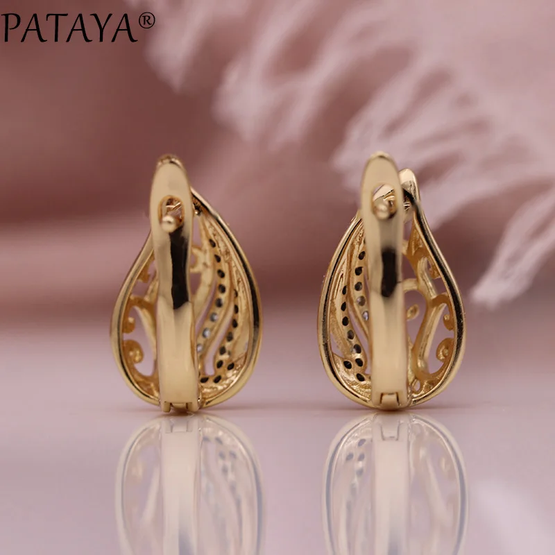 PATAYA New Unique Flame Water Drop Dangle Earrings 585 Rose Gold White Round Natural Zircon Hollow Earring Women Fashion Jewelry - Image 3