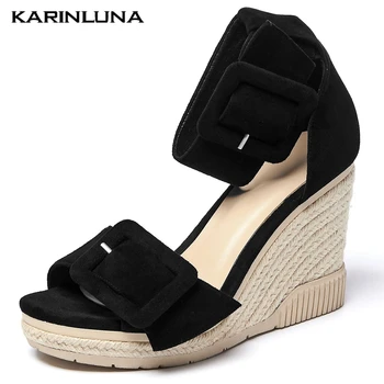 

Karinluna New Arrival Genuine Leather Straw Platform High Heels Women Shoes Wedges Sandals