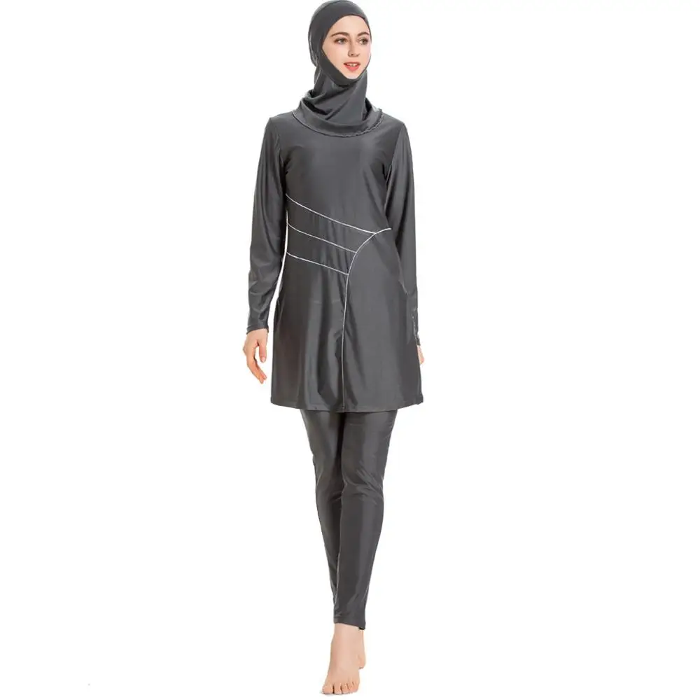 Gray PTC002 HAOFAN Мусульманский купальник консервативный Одноцветный женский купальник с шляпой элегантный тонкий пляжный костюм с шапкой из трех частей - Цвет: Gray PTC002