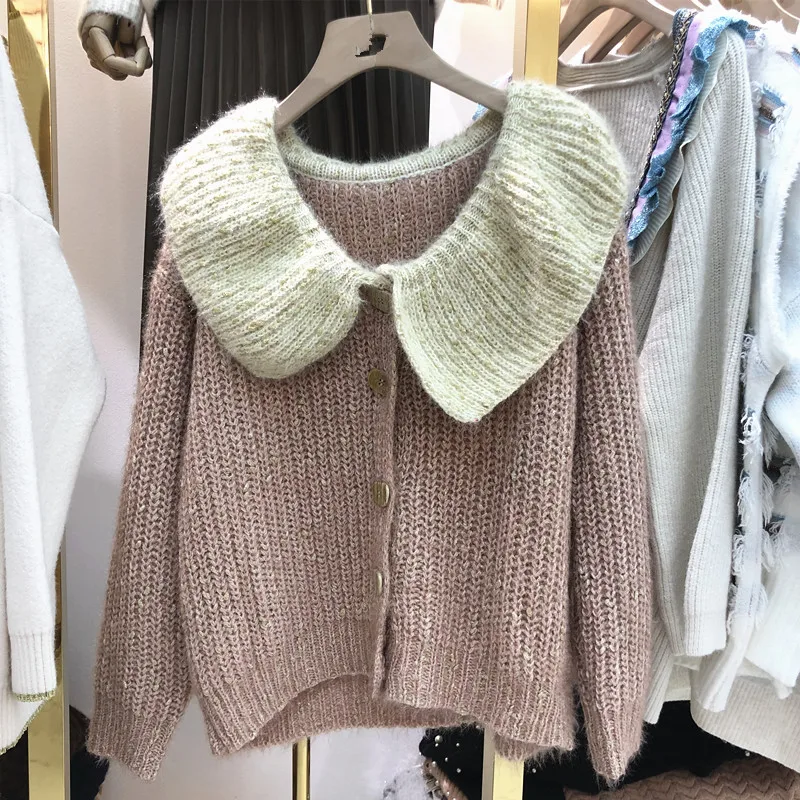 Корейский Ленивый Oaf женский кардиган с длинным рукавом Осень Зима Топы Kawaii Большой гофрированный воротник контрастный цвет вязаный кардиган свитер