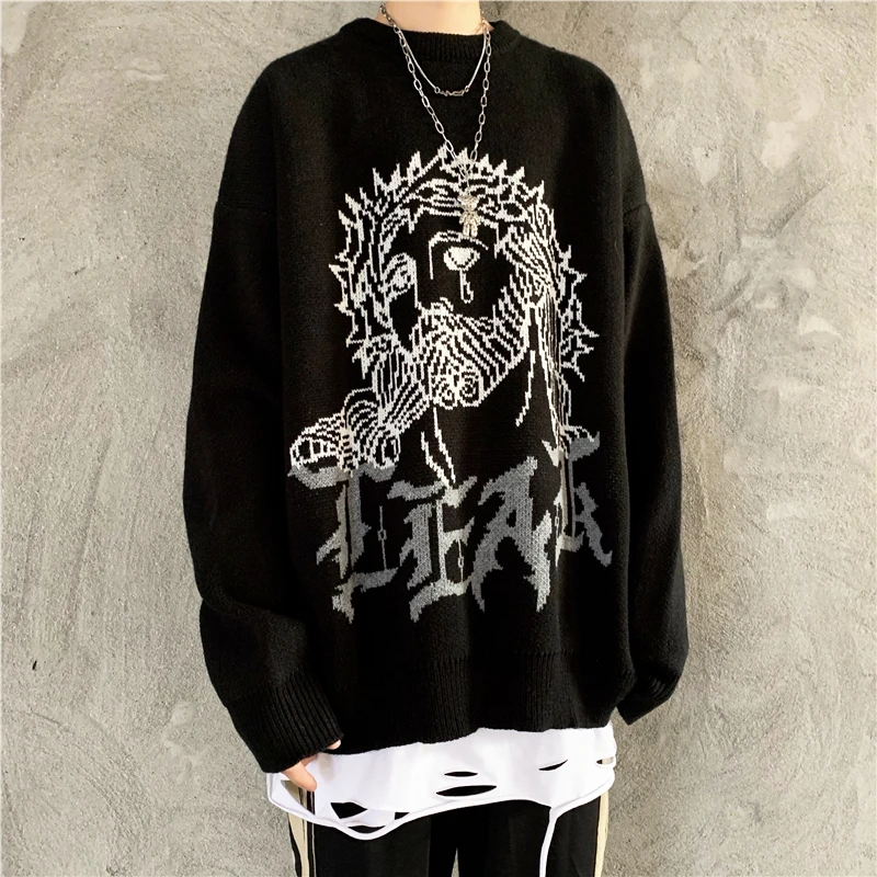 

Harajuku Cartoon Sweater Women Vintage Alphabet Jacquard Sweater Loose Round Neck Long Sleeve Sweater Autumn Sweater Female