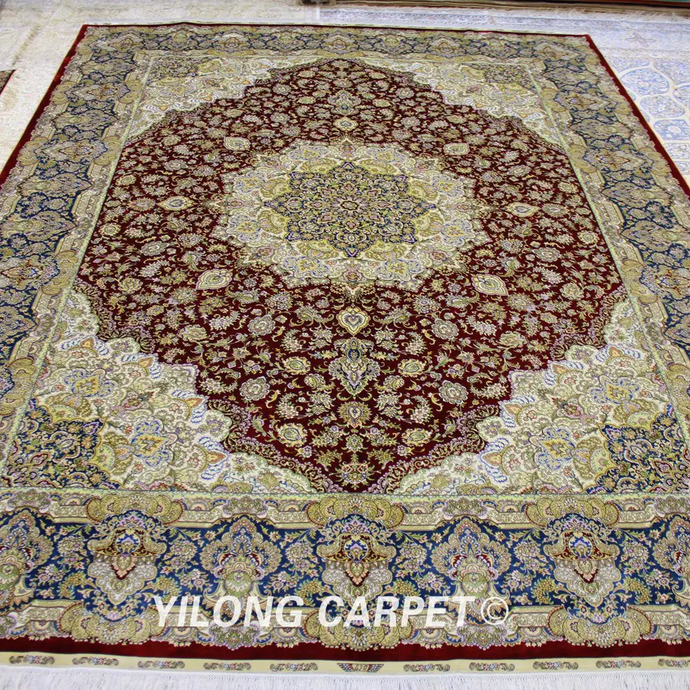 YILONG 9'x12' персидский шелковый ковер античный красный медальон ручной работы шелковый ковер в восточном стиле(SL187