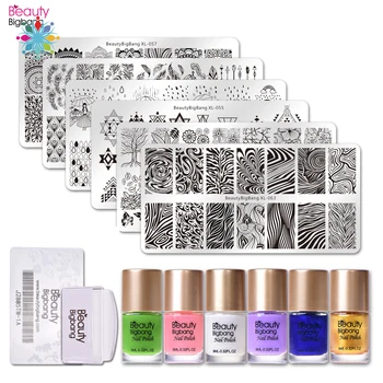 

14Pcs/Set Nail Stamping Starter 6 Style Pattern Nail Stamping Plate with Clear Jelly Stamper 6 Colours Stamping Polishes F15
