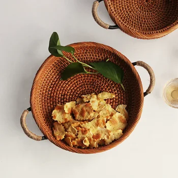 

1PC Rattan Storage Tray,Round Basket with Handle,Hand-Woven,Rattan Tray Wicker Basket Bread Fruit Food Breakfast Display