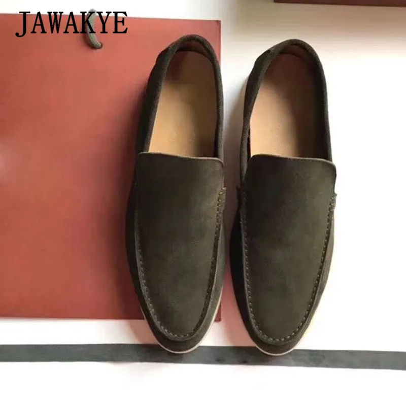 JAWAKYE/мужская повседневная обувь из натуральной кожи телесного цвета на плоской подошве; Лоферы без шнуровки с круглым носком; удобная прогулочная обувь разных цветов - Цвет: dark green suede