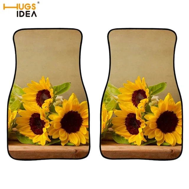 2Pcs Car Floor Mat Sunflower Print Auto Interior Decor Carpets Yellow Floral SUV Front Floor Rugs Flower Collage Antomotive Mats - Цвет: HN1196