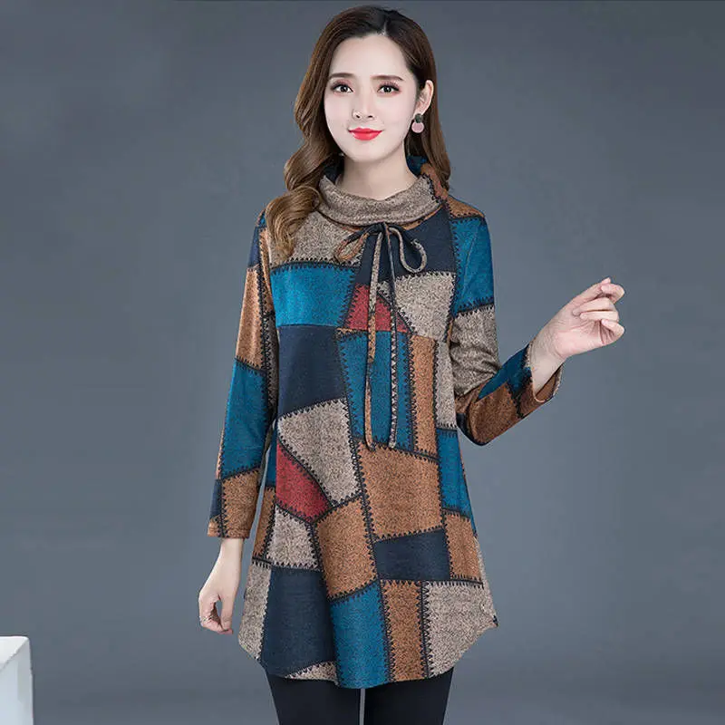 Túnica de manga larga para mujer, Tops de talla grande, blusa Vintage con cuello de tortuga a cuadros, camisa cálida para otoño e invierno, ropa informal para mujer
