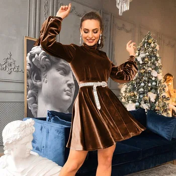 

Sexy Spring O Neck Backless Party Dress for Women Lace Up A-line Long Sleeve Mini Dress Vestidos with Belt