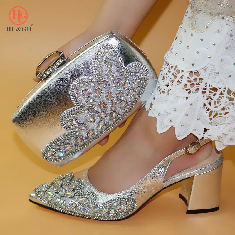

2019 Silver Wedding Shoes and Bag To Match Women Party African High Heels Italian Design Shoe And Bag African Shoes and Bag set