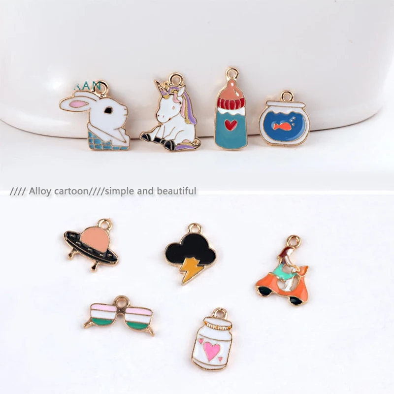 

10pcs Drop Oil UFO Glasses Animals Alloy Enamel Charms Dangles Gold Tone Rabbit Fish Tank Milk Bottles Pendants Fit DIY Earring Bracelet Hair Handmade Jewelry Accessory Craft FX485