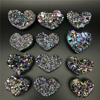 

Wholesale 1PC Rainbow Titanium Aura Amethyst Geode Cluster Quartz Crystal Hand Carved Heart Natural Quartz Crystals