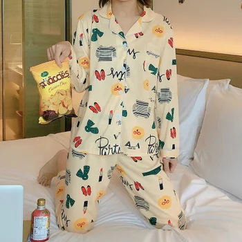 

Women Two Pieces Leaf Turn-down Collar Female Casual Homewear Ladies Pajamas Set Women Floral Printed Women's Sleepwear Set