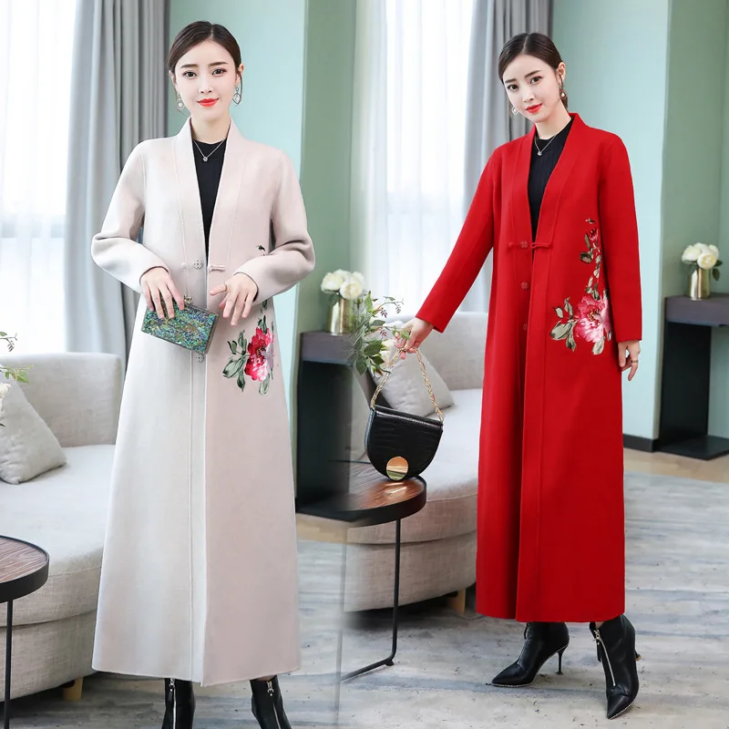 

2019 Autumn And Winter New Products Chinese-style Embroidery Long Woolen Jacket Chinese Style Retro One-Button Women's Woolen Ov