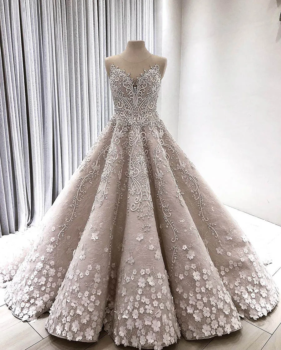 Lebanon Роскошные 3D Свадебные платья с цветами кружева бисером Дубай королевские свадебные платья Иллюзия шеи Vestidos De Novia