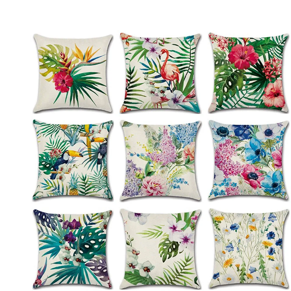 

Flamingo Linen Cushion Cover Decorative Pillowcase Tropical Botanic Leaves 45*45cm Flowers Pillow Case