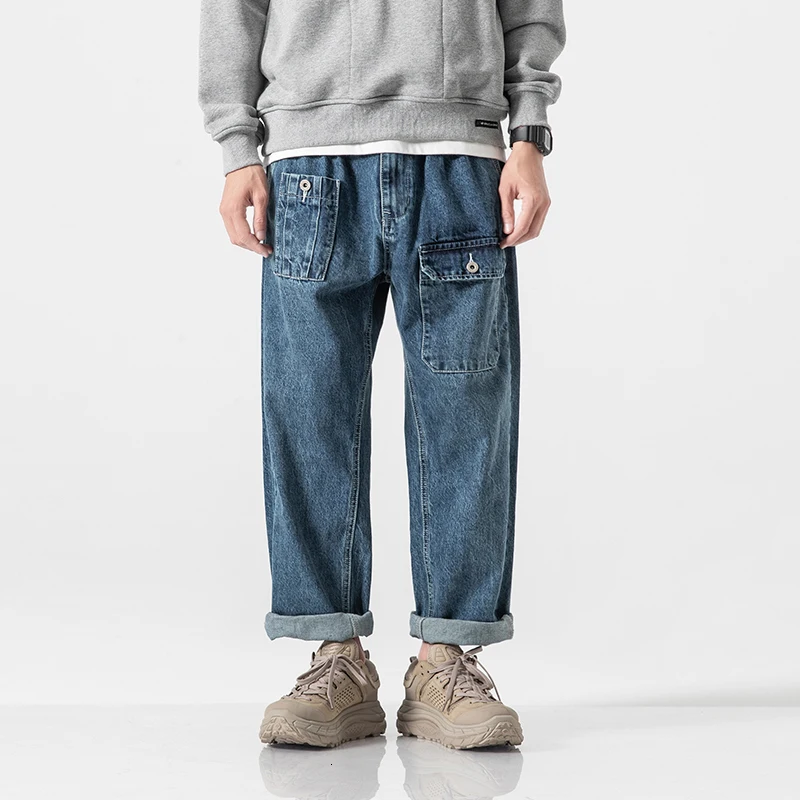 

Autumn New Jeans Men Fashion Washed Solid Color Casual Multi-pocket Tooling Jeans Streetwear Hip-hop Loose Straight Denim Pants