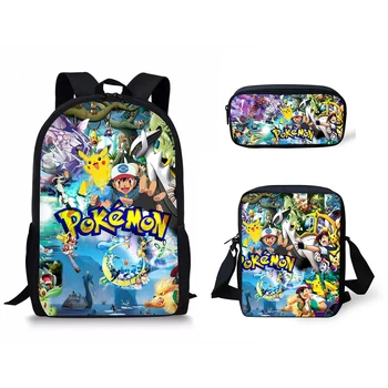 

Fashion 3PCs/Set Children's Backpack Pokemon Prints Pattern School Bags Set Kawaii Pikachu Tennagers Book Bags Set