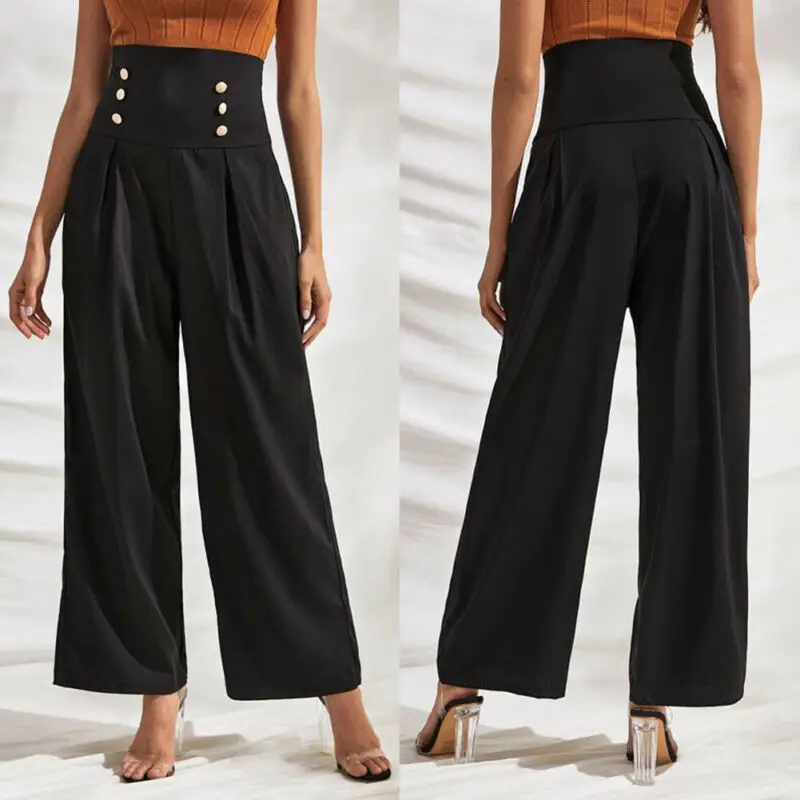 high waist button long loose pants