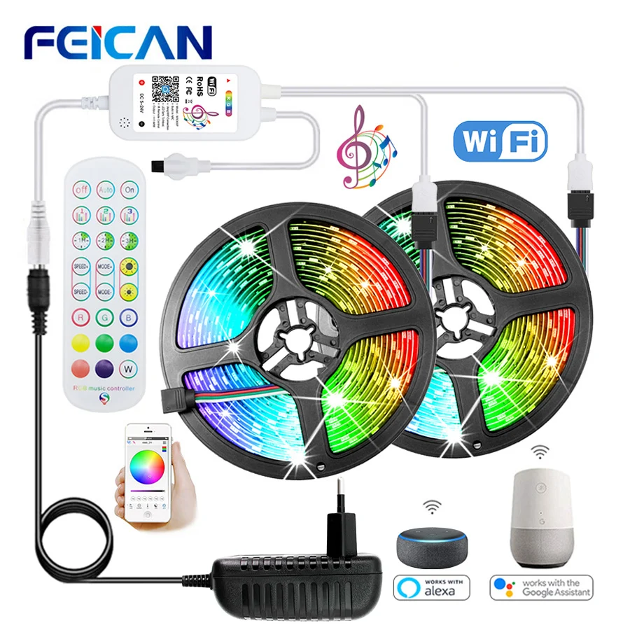 LED Strip Wifi / BLE/ IR Control Music Sync 12V RGB Lights Waterproof 5M 10M 15M 20M Works with Alexa(Optional) Glowing Tape