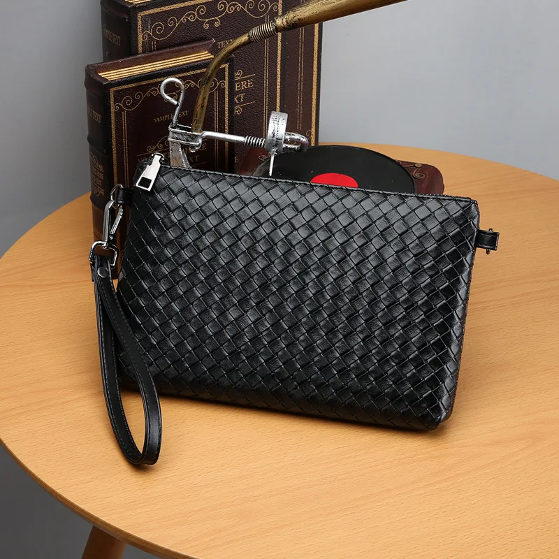 

Cowhide Weaving MEN'S Handbag Business Casual Zipper Clutch Bag Large Capacity Cross Clutch Leather Gift