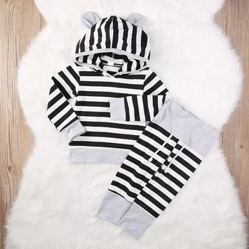 

Baby Boy Clothes 2pcs Sets Long Sleeve Stripe Cute 3D Ear Hooded Sweater Tops+trousers Soft Casual Autumn Baby Girl Outfit 6-18M