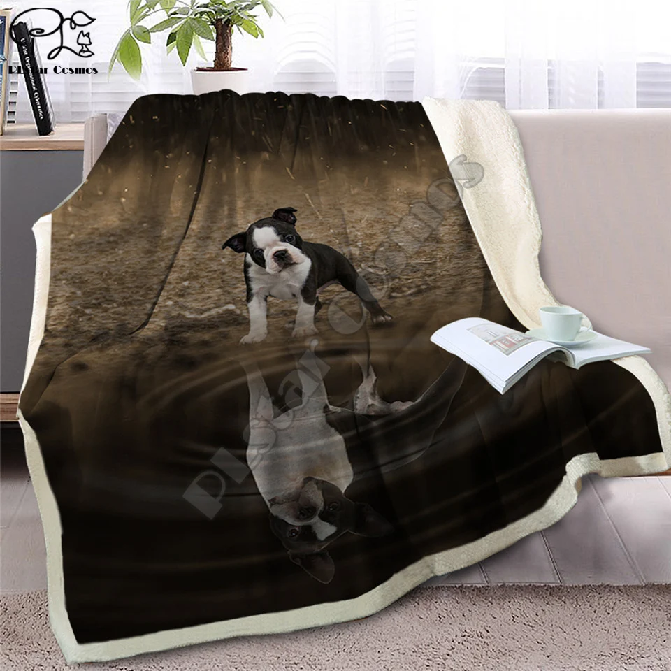 

Pug Sherpa Blanket on Beds Animal Throw Blanket for Kids Dog Reflection Bedspread 3D French Bulldog Puppy Sofa Cover style-1