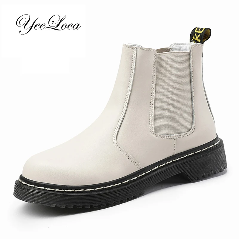 

Chelsea Boots Women Cow Genuine Leather Autumn Boots White Low Heels England Style Patent Waterproof Shoes Zapatos Mujer