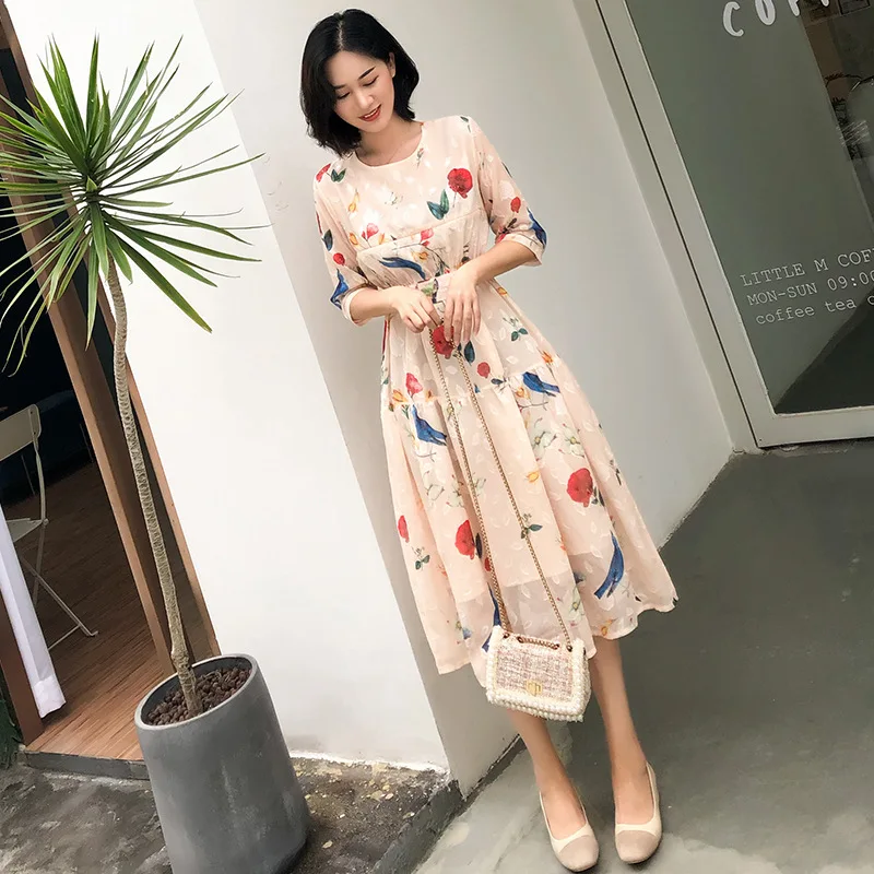 

2019 Summer Printed Chiffon Dress Lactation Garment Elastic Waist Slimming Gentle Wind Mid-length Skirt Nursing Clothes