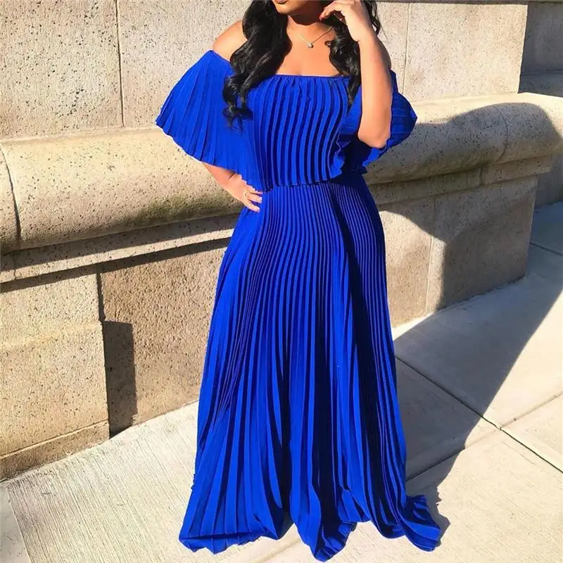 Женское весеннее элегантное платье макси с оборками и открытыми плечами, тонкое плиссированное платье с коротким рукавом, длинное платье с вырезом лодочкой, Vestidos