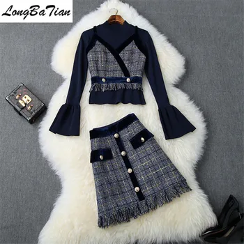 

Winter Flare Sleeve Stand Collar Pullover Tweed Two Buttons Camis Tassel Skirt 3 Piece Women Blue Patry Dress Set