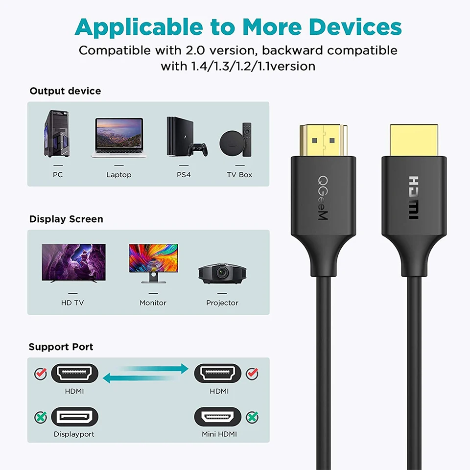 QGeeM 4K HDMI Cable HDMI 2.0 Adapter for Xiaomi Xbox Serries X PS5 PS4 TV Box Chromebook Laptops Splitter Digital Wire Cord