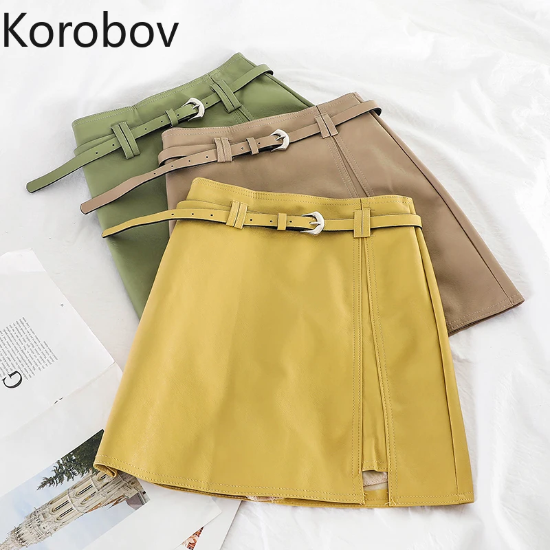 Корейские однотонные женские юбки трапециевидной формы из PU искусственной кожи