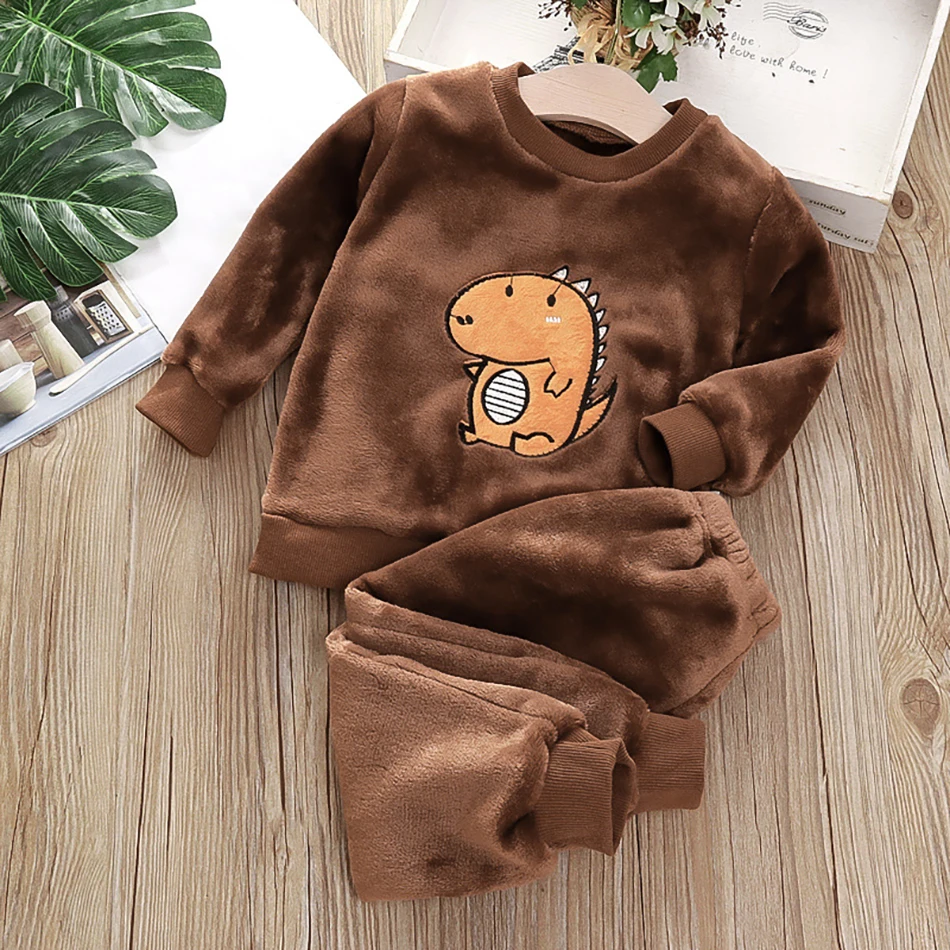 Baby Boy Warm Dinosuar Clothing Set Winter Cartoon Pajamas Outfit for Girls Pleuche Sweater Pants 2pcs Kids Suit 1-6Y kids clothing set